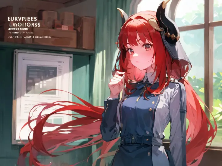 anime girl with red hair and horns standing in front of a window