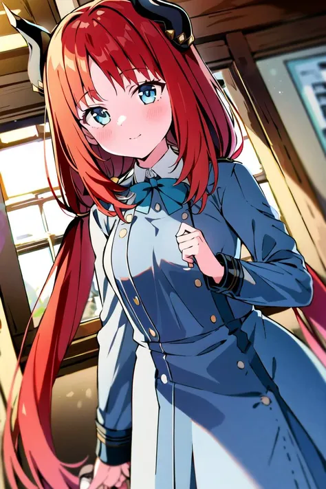 anime girl with long red hair and a blue coat