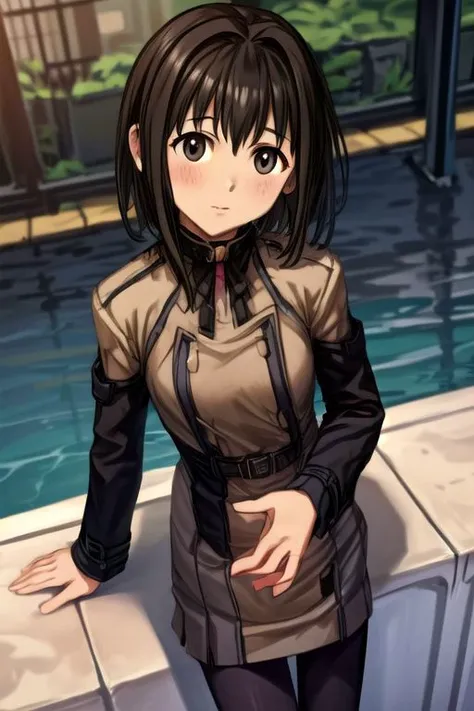 a woman in a brown jacket standing next to a pool