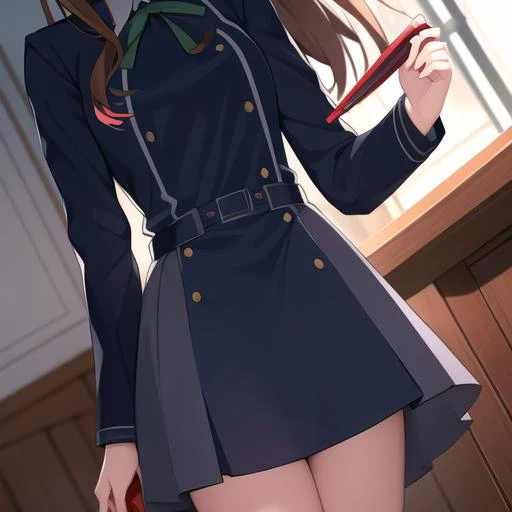 anime girl in uniform holding a cell phone in her hand