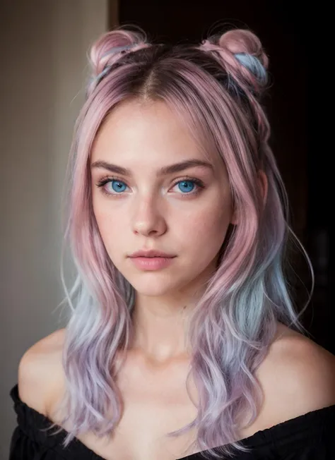 a woman with pastey hair and blue eyes wearing a black top