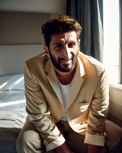 arafed man in a tan suit sitting on a bed