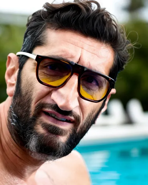 there is a man with a beard and sunglasses standing by a pool