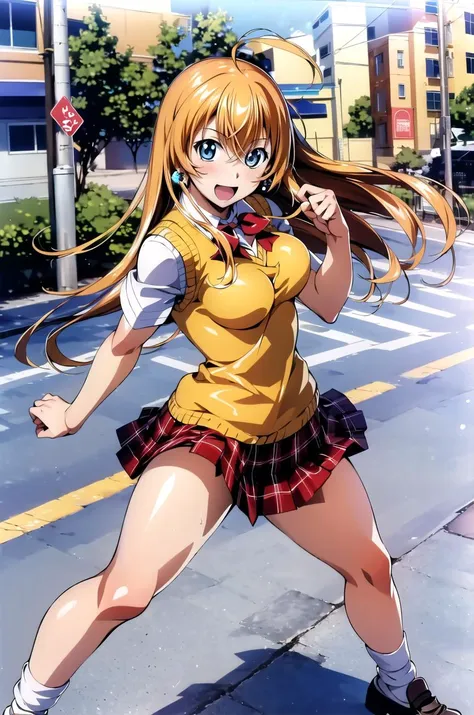 ((masterpiece,best quality, detailed)), 1girl, solo, outdoors, street, fighting stance, smile, open mouth, day, full body, stand...