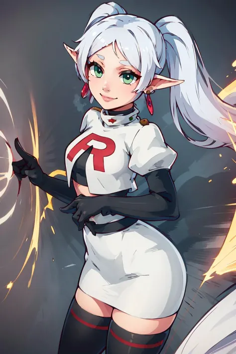 <lora:Cosplay_TeamRocket_v2:0.7>, ((masterpiece,best quality)), Cosplay_TeamRocket, white jacket, cropped jacket, white skirt, elbow gloves, black thighhighs, zettai ryouiki, aafrie, long hair, white hair, twintails, pointy ears, earrings, green eyes, thic...