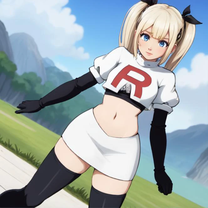 cowboy shot, <lora:teamRocketOutfitStr08Triggers Cosplay_TeamRocket, white jacket, cropped jacket, white skirt, elbow gloves, black thighhighs, zettai ryouiki:0.8> cosplay_teamrocket, white jacket, cropped jacket, white skirt, elbow gloves, black thighhigh...