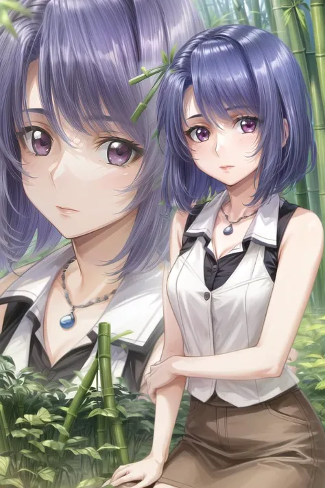 ((best quality)), ((highly detailed)), masterpiece, detailed face, beautiful face, (detailed eyes, deep eyes), (1girl), full body, <lora:hairdetailer:.9>, <lora:mai_katsuragi_v1:.7>, mai_katsuragi, short hair, purple eyes, white sleeveless shirt, brown ski...