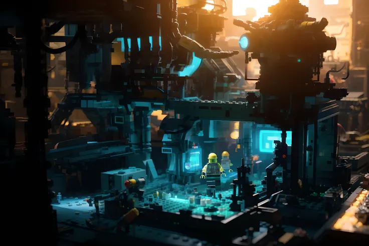 black sci-fi motherboard, industrial, inside dimly lit factory, processor, insanely detailed, intricate details, LEGO, dark, small green and blue lights, greeble, LEGOAI,  <lora:LegoAIrev:1>,  <lora:epi_noiseoffset2:1.5>