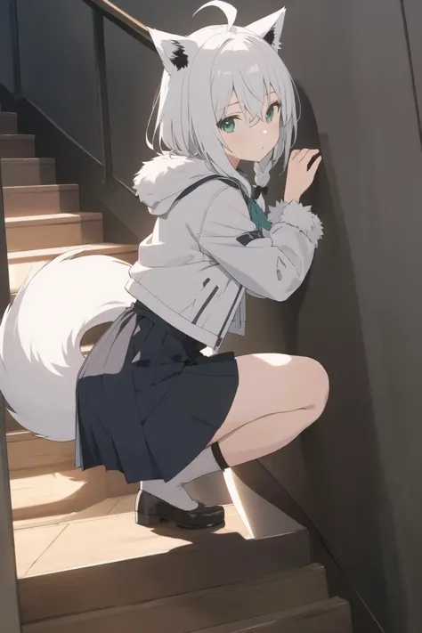 a woman in a skirt and a cat ears is sitting on a stair