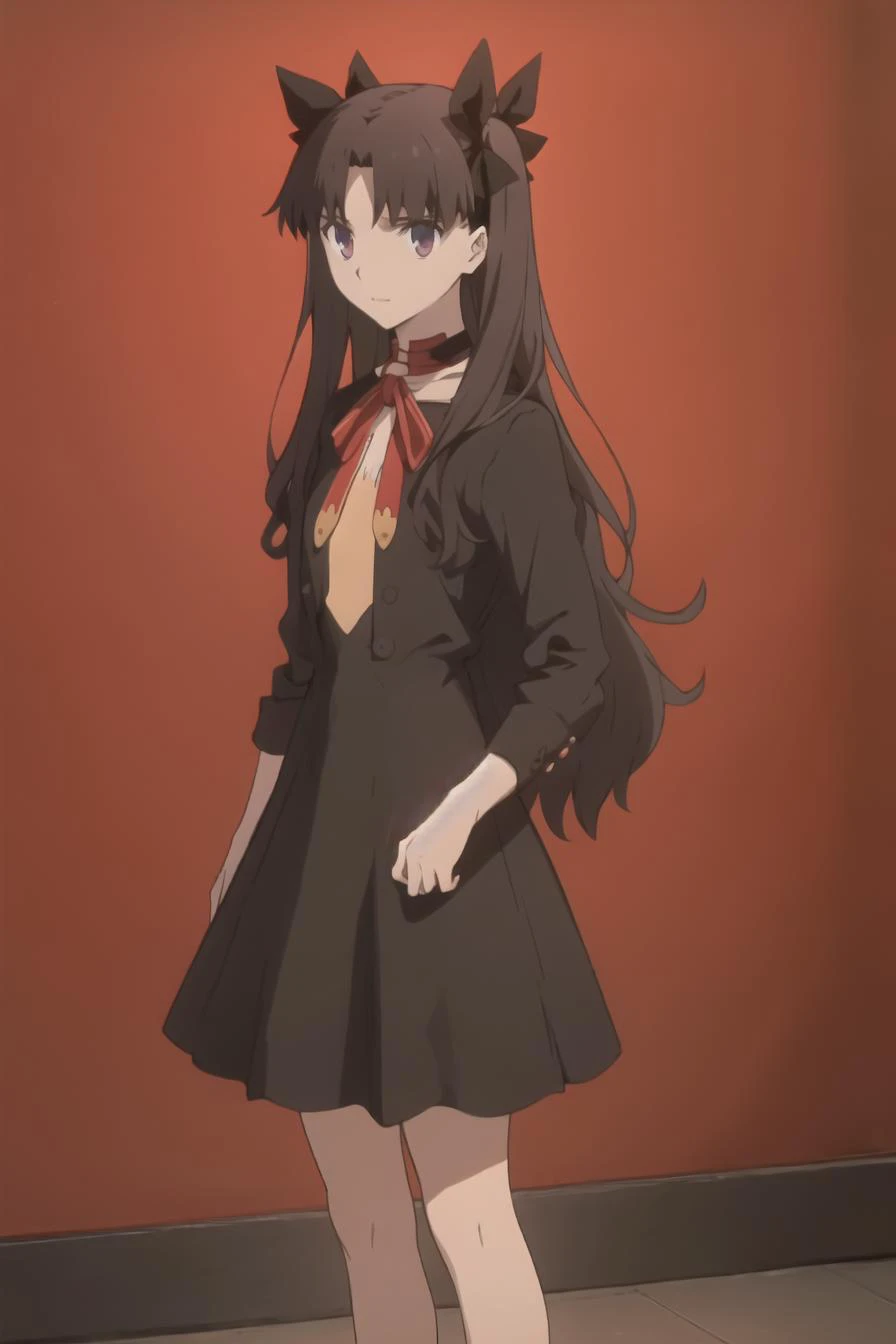 anime girl in a black dress with a cat ears and a red tie