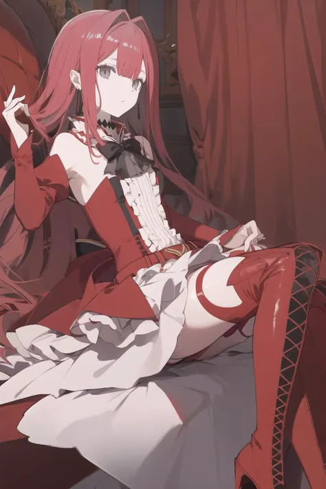 anime girl sitting on a bed with a red and white dress