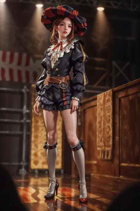 highres,absurdres,masterpiece,best quality,original,extremely detailed CG,extremely detailed wallpaper,perfect lighting,(standing on the stage),blurry background,looking at viewer,
<lora:Landsknecht:0.8>,landsknecht,high heel boots,1girl,