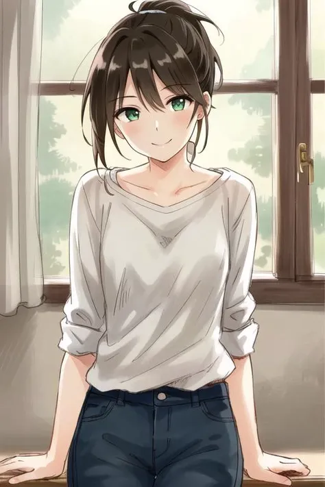 best quality, best illustration, masterpiece, solo, 1girl, brown, short ponytail, green eyes, cowboy shot, closed mouth, light smile, casual, aged up, looking at viewer, facing viewer, sketch <lora:napata_style:.5>