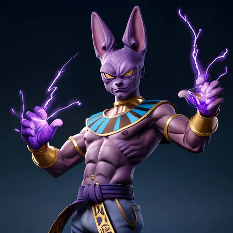 high quality, masterpiece, realistic, anthropomorphic cat, beerus, cat head, purple skin, black top, blue pants, purple belt,egyptian clothing, jewelery, long ears, athletic body, park, outdoors,medium shot portrait, hand raised up, holding purple electric...