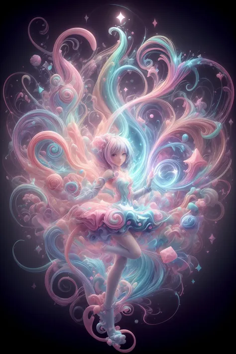 a girl with a pink dress and a blue dress is surrounded by swirling swirls