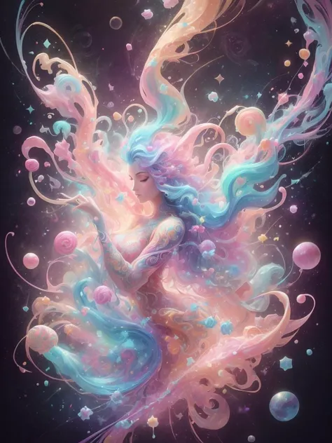 a painting of a mermaid with long hair and a colorful tail