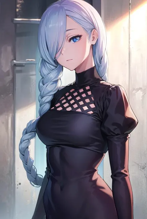 a woman with long blue hair and a black dress