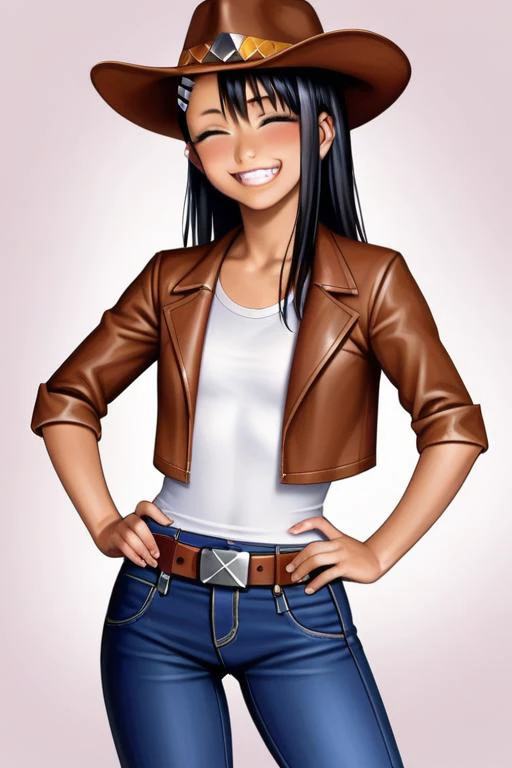 ((best quality)), ((highly detailed)), masterpiece, (detailed eyes, deep eyes), 2D, anime, Nagatoro Hayase, cowboy costume, cowboy hat, cowboy jacket, cowboy colt belt, cowboy leather shirt, delicate, cute, fit, stunningly beautiful, ultra realistic highly...