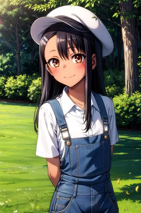 (masterpiece, best quality, detailed), 1girl, solo, nagatoro hayase, hair ornament, brown eyes, hairclip ,dark skin, black hair, looking at viewer, 
overalls, short sleeves, white gloves, red shirt, cabbie hat, outdoors, forest, nature, grass, tree, flower...