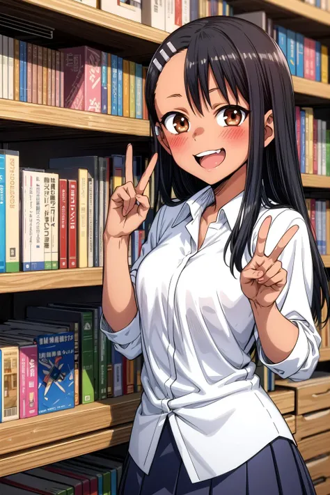 (masterpiece, best quality, detailed), 1girl, solo, nagatoro hayase, hair ornament, brown eyes, hairclip ,dark skin, black hair, looking at viewer,
school uniform, skirt, library, bookshelf, book, book stack, peace sign, open mouth, seductive smile, blush,...