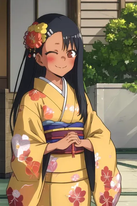 <lora:Nagatoro_V3:1>
nagatoro,
1girl,
dark skin,
ear ornament, 
hair ornament,
black hair,
long hair,
flower print kimono, 
hair flower,  
japanese fan,
outdoors, 
 japanese architecture,
smile,