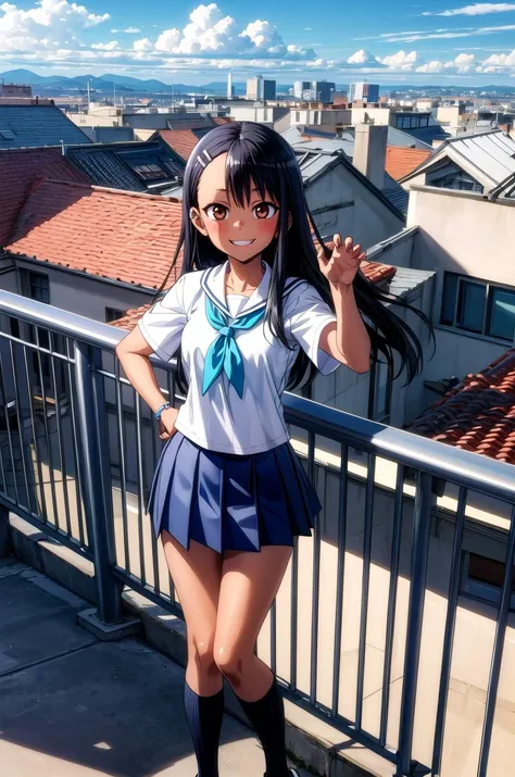 (masterpiece, best quality, detailed), 1girl, solo, nagatoro hayase, hair ornament, brown eyes, hairclip ,dark skin, black hair, looking at viewer, 
school uniform, pleated skirt, neckerchief, kneehighs, miniskirt, hair ribbon, outdoors, rooftop, day, city...