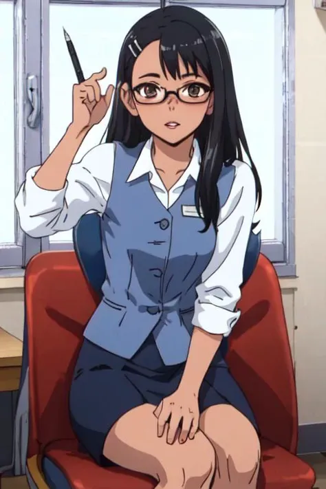 masterpiece,best quality,highres,1girl,solo,office,<lora:officelady:0.7>,office-lady,<lora:Nagatoro Hayase:0.9>,brown eyes,hairclip,ear cuff, black hair,nerdy glasses, notepad in one hand, pen in the other hand, looking at the viewer, sit  in a office chai...