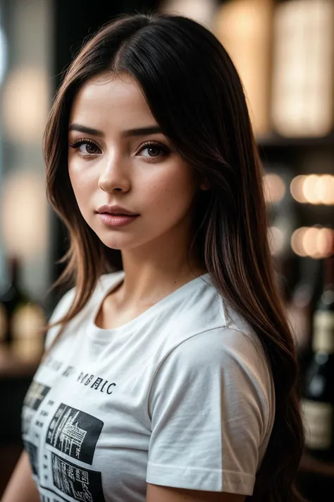 photo of beautiful (dem1rmawby:0.99), a woman with perfect hair, wearing Sandstone (graphic tee:1.1),  (A chic, contemporary wine bar, filled with a variety of fine wines and a relaxed, sophisticated atmosphere:1.1), (closeup portrait:1.2), modelshoot styl...