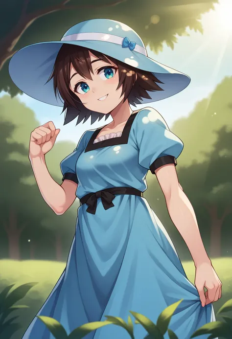 a woman in a blue dress and hat standing in a field