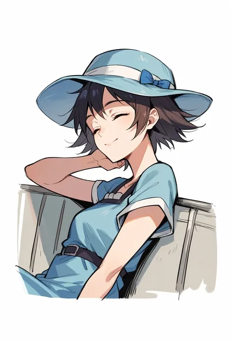 anime girl in a blue hat sitting on a chair