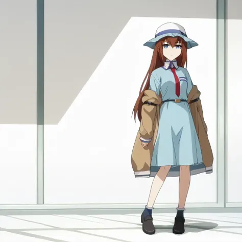 anime girl in a blue dress and hat standing in a room