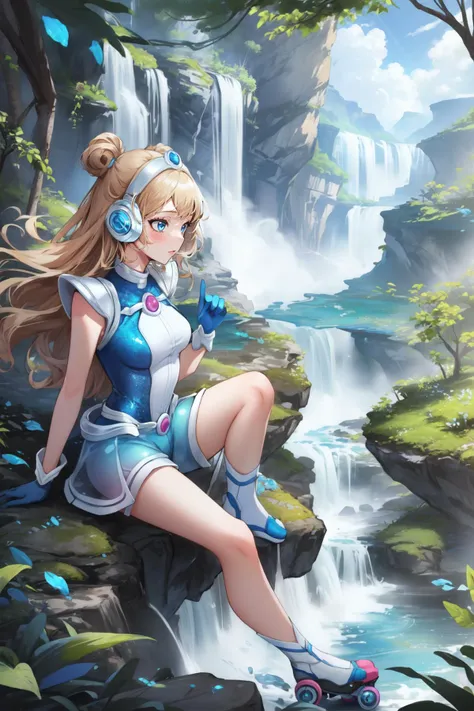 a girl sitting on a rock near a waterfall with headphones