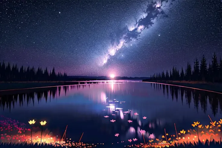 masterpiece, high quality,low light,lake in forest,[dark night,shooting star,flower ],moon, no humans, realistic, <lora:last:1>