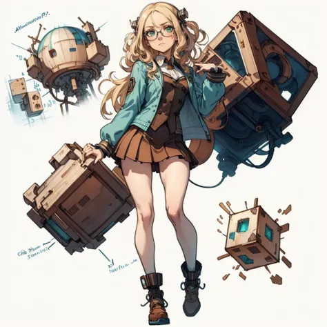 (simple background:1.2), ( white background:1.2),  full body,looking at viewer,
1girl,  lifting a giant cube, suit, miniskirt,academy uniform ,
monster girl,  colored skin, green eyes,  blonde hair, glasses, forhead , long hair, 
 thinking expression , sto...