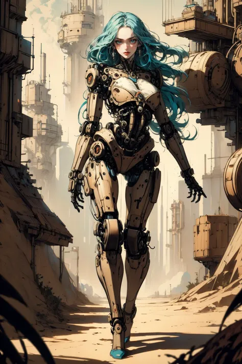 a woman with blue hair and a robot suit walking through a city