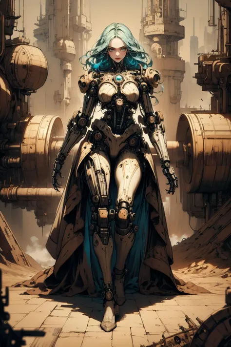 a woman in a futuristic suit standing in front of a large machine