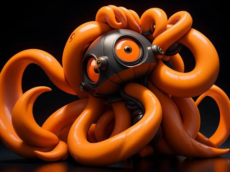 there is a very large orange octopus with a black helmet on