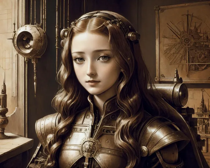 davincitech, scifi, sansa stark, antique photograph by leonardo da vinci  <lora:DaVinciTech:1>