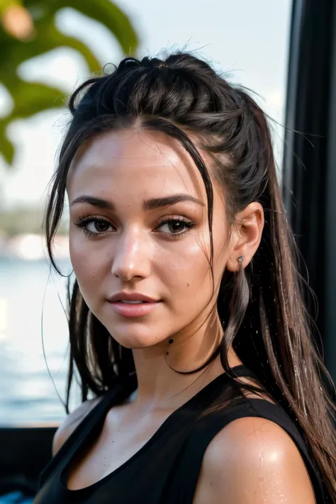 RAW, real photo portrait, michelleKee1, on a boat, (wearing a wet black t-shirt), pretty face, insanely detailed eyes, light blonde hair, high ponytail, bokeh, natural light, depth of field, golden hour, sharp focus