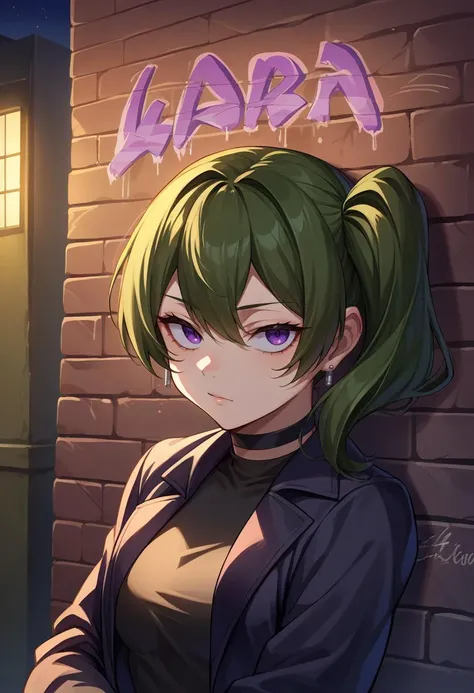 score_9, score_8_up, source_anime, 1girl, solo, UbelFrieren, purple eyes, dark green hair, medium hair, side ponytail, earrings, sharp eyes, choker, neon shirt, open jacket, turtleneck sweater, night, against wall, brick wall, graffiti, dim lighting, alley...