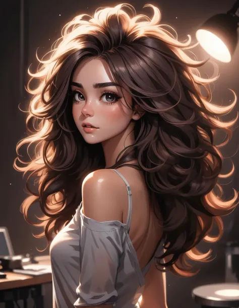 digital art, beautiful brunette, dark studio, spotlight, sultry, big hair, messy hair, cartoon style