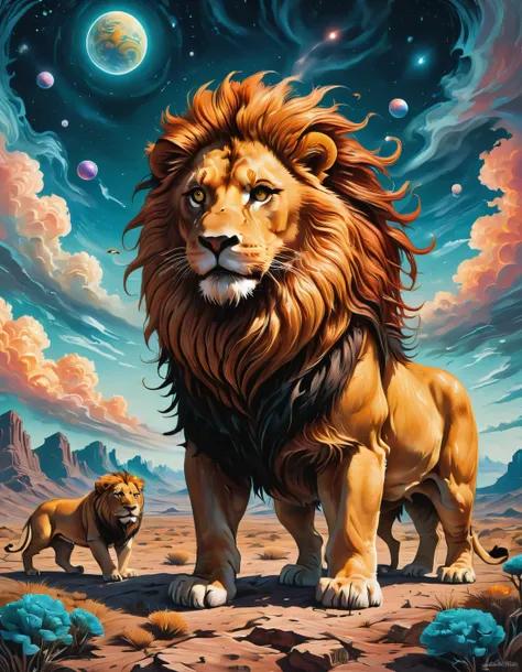 a painting of a lion and two lions standing in the desert