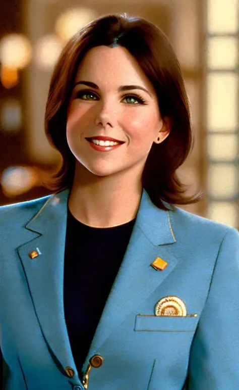 photo of brunette (LorelaiGilmore:0.99) wearing a business suit, with a happyexpression,  detailed face, realistic skin, high quality, blue eyes