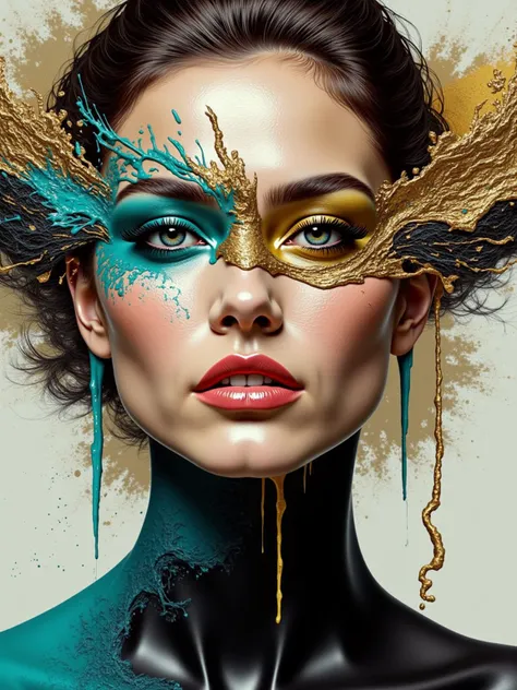 A modern abstract portrait of a woman, her face fragmented into geometric shapes and vibrant colors. Her expression is calm, almost enigmatic, with splashes of gold and turquoise creating a fluid, almost liquid effect. Behind her, a backdrop of swirling pa...