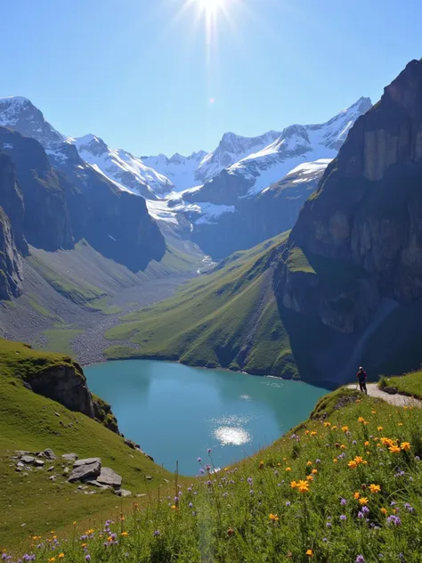 snow-capped mountains under a clear blue sky, with the sunlight casting dramatic shadows across the rugged cliffs. in the foregr...