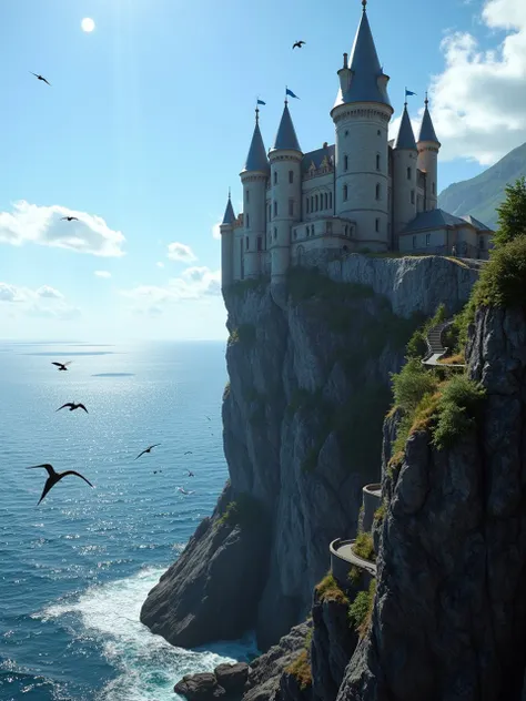 a grand, medieval-style castle perched on the edge of a steep cliff, overlooking a vast, glittering ocean below. the castleâs ...