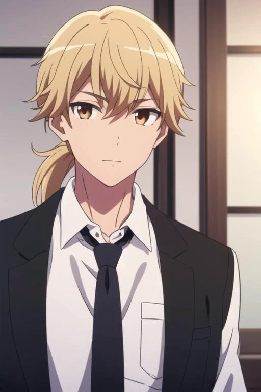 masterpiece, best quality, high quality, 1boy, solo, male focus, looking at viewer, upper body, <lora:ashura_kokuhou:0.58>, ashura_kokuhou, brown eyes, blonde hair, ponytail, , formal, necktie, dress shirt