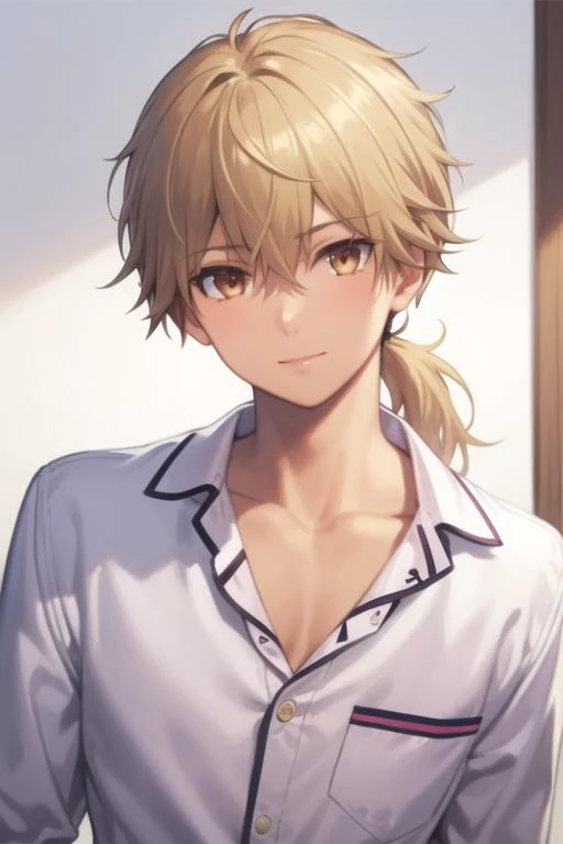 masterpiece, best quality, high quality, 1boy, solo, male focus, looking at viewer, upper body, <lora:ashura_kokuhou:0.64>, ashura_kokuhou, brown eyes, blonde hair, ponytail, realistic, pajamas