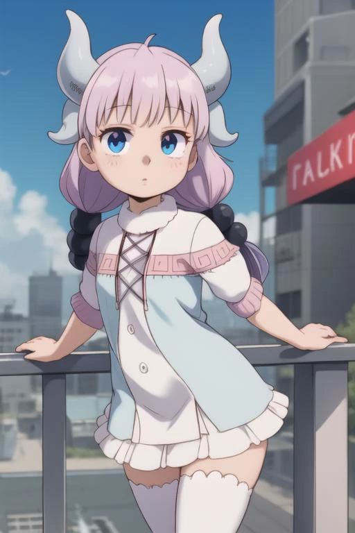 <lora:gsc-style:1> 1girl, solo, masterpiece; looking at viewer; <lora:Kanna05:0.8> kannakamui, dress, thighhighs,  dragon horns, hair beads, low twintails,