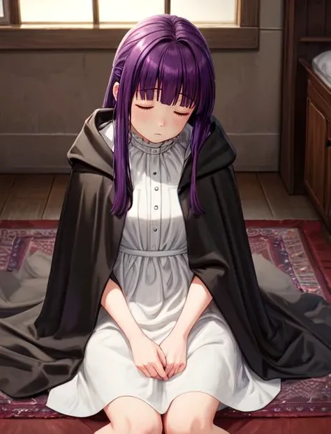 best quality, masterpiece, highres, detailed, digital artwork, <lora:Detail - add_detail:0.2>, FernF, white dress, black cloak, purple hair, blunt bangs,sleeping, sitting on floor, 1girl in the corner of the room, -_-,<lora:Character - FernF:0.8>,